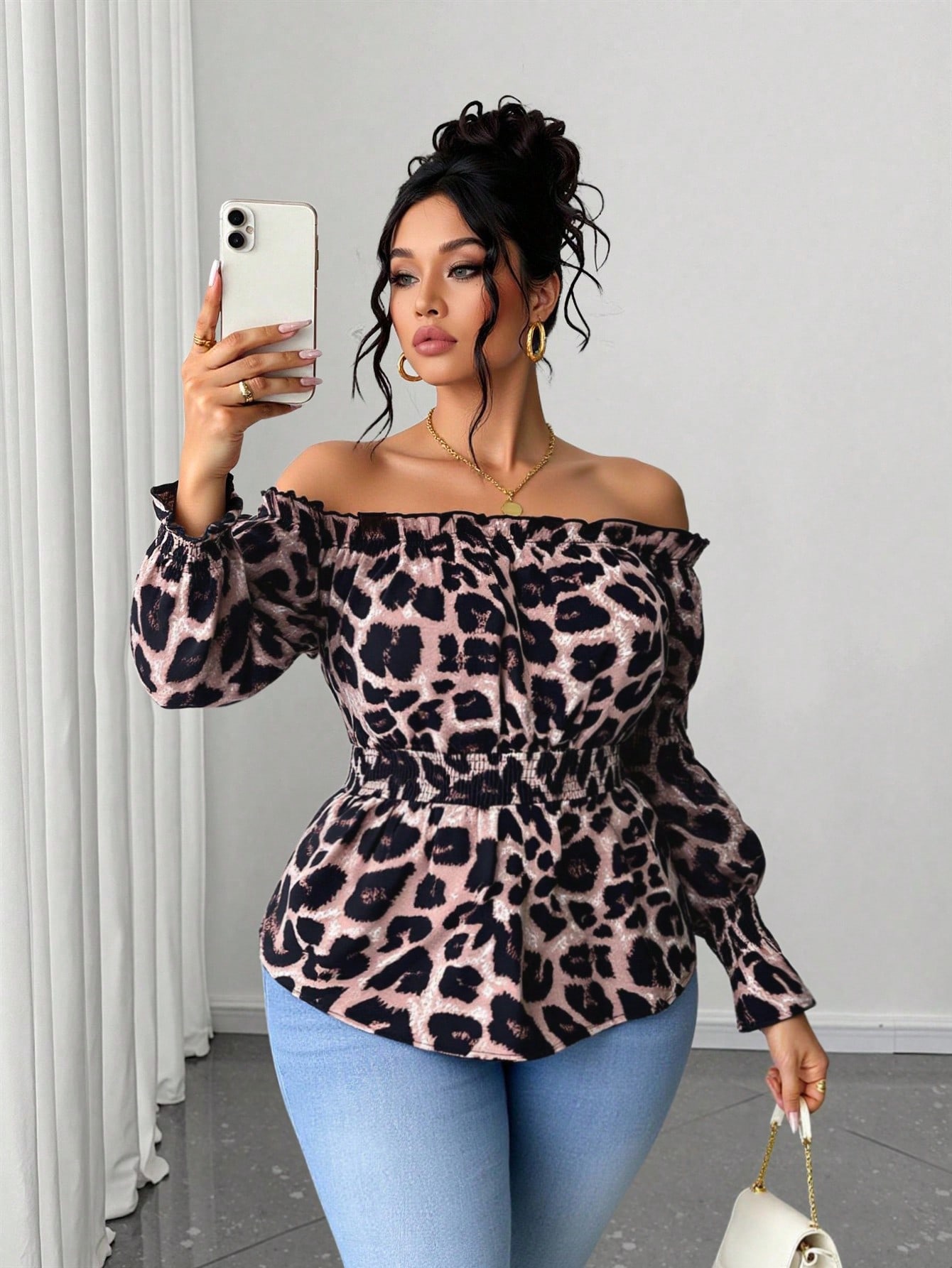 Plus Size Women Leopard Print  - Blouse Off Shoulder 评论和价格