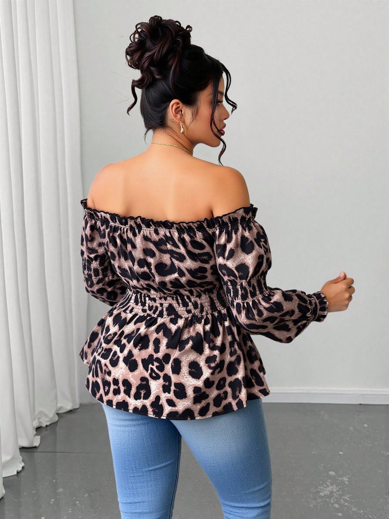 Plus Size Women Leopard Print  - Blouse Off Shoulder 评论和价格