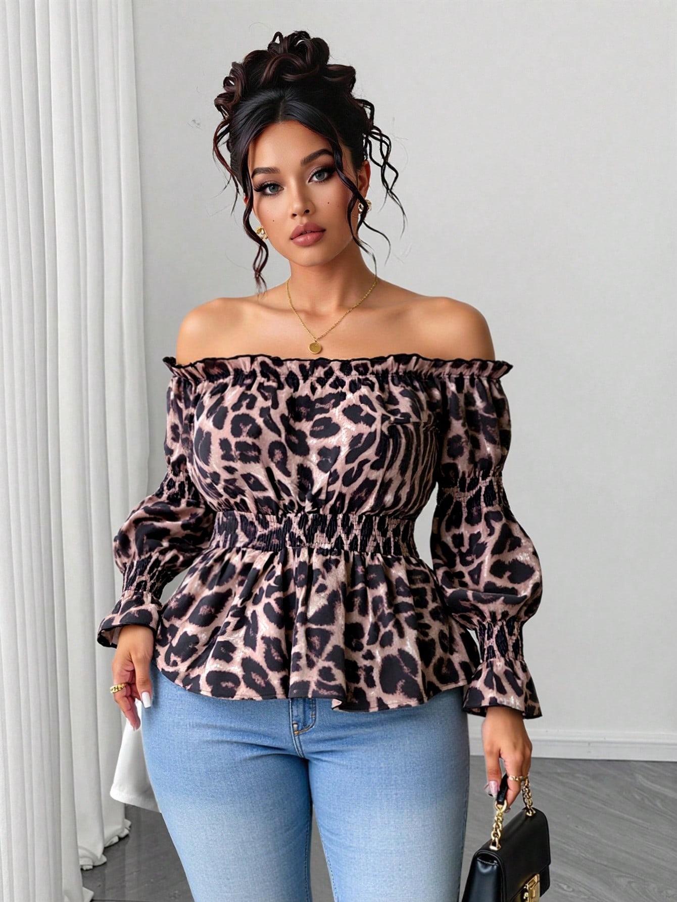 Plus Size Women Leopard Print  - Blouse Off Shoulder 评论和价格
