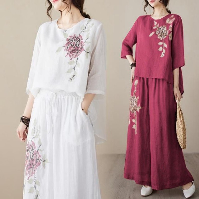 Linen Cotton Two Piece Set Wom - Linen Pant Wide 评论和价格